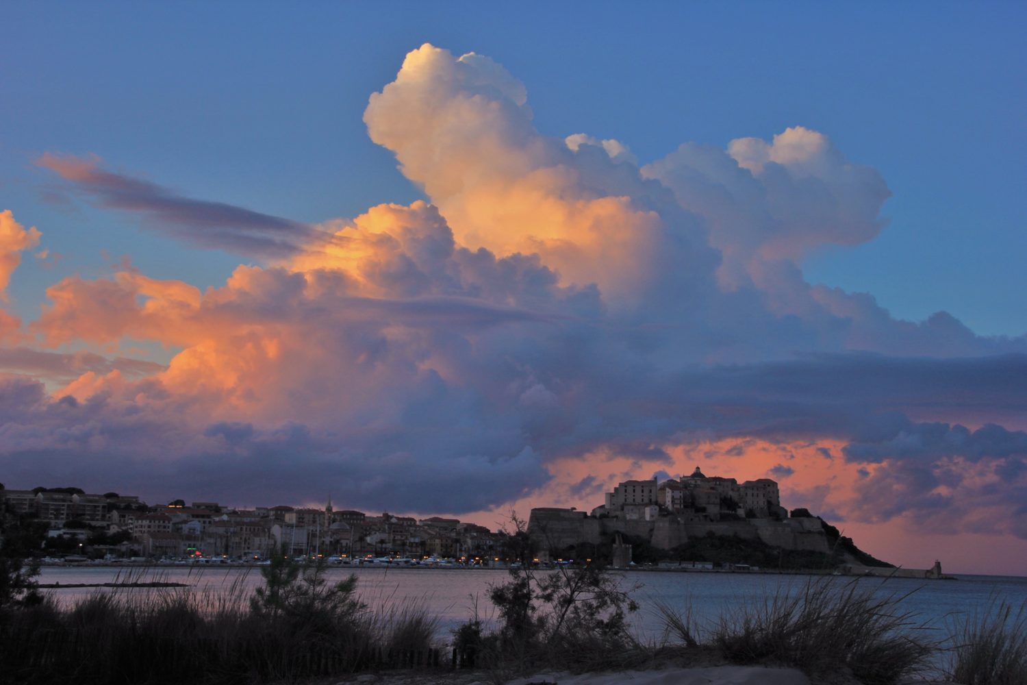 Die Zitadelle von Calvi im Abendlicht unter rosa Wolken